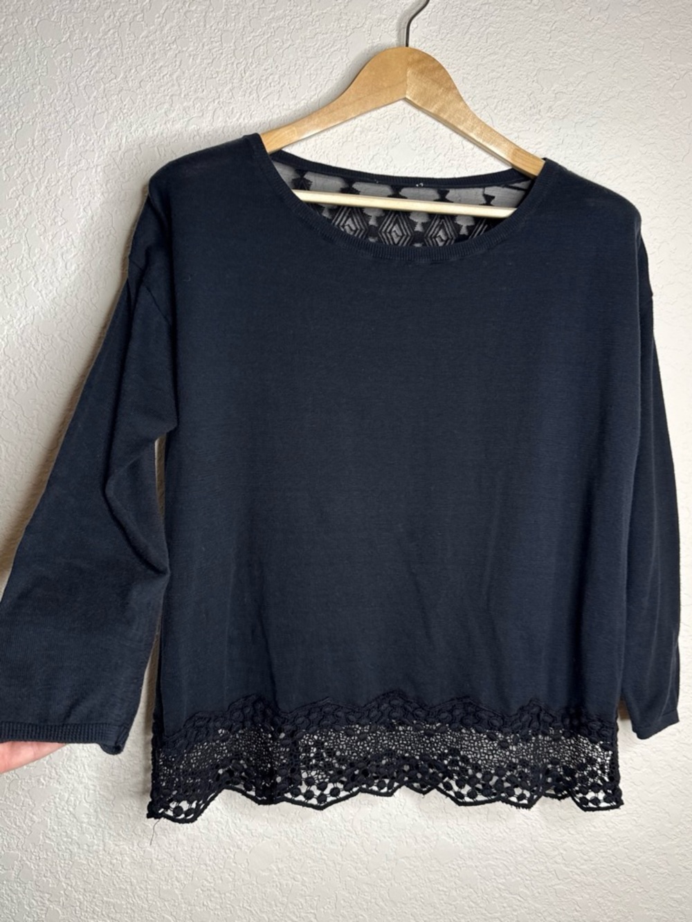 Joie Black Cotton Sweater Sheer Silk Lace Back 3/4 Sleeve Crochet Lace Large
